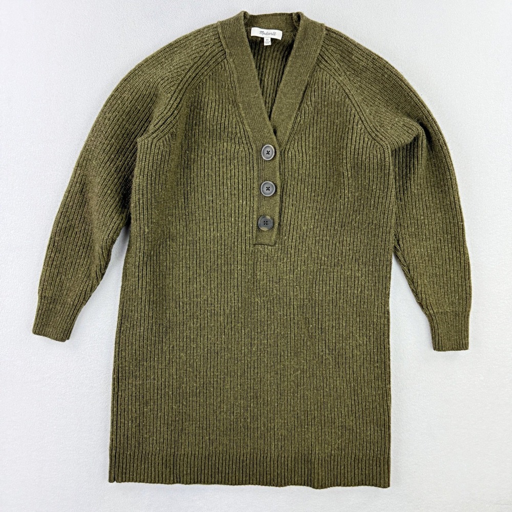 MADEWELL Long Knit Chunky Sweater V-Neck Merino Wool Blend Size XS‎ Womens Green